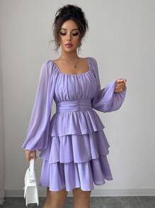 Selianne Đầm suông dáng chữ A, tay lỡ, ngắn, họa tiết bèo nhún, mặc đi chơi, đi nghỉ, tiệc trà chiều, màu trơn, cổ vuông, eo nhún, dáng suông, dáng suông, dáng suông, thời trang xuân/thu/đông cho nữ - Màu tím hoa cà - Xem 8