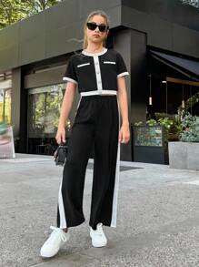 Firerie Kids Firerie Kids Tween Girl Casual & Formal Elegant Back To School Black & White Contrast Pearl Button Top & Straight Leg Color Block Pants