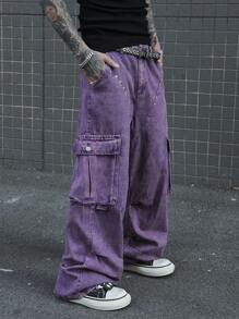 Manfinity Roghcode Celana Jeans Kargo Pria Ukuran Besar Motif Bunga Ungu, Potongan Lebar, Gaya Anak Muda, Modis dan Bergaya, Cocok untuk Pesta, Jalan-jalan, Makan Malam, Musim Panas, Gaya Vintage Y2K - Purple - View 5
