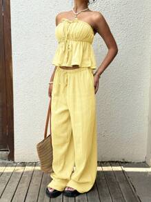 SHEIN EZwear Yellow Boho Two-Piece Outfit With Strapless Bandeau Top And Wide-Leg Pants Butter Yellow Two Piece Set - Yellow - View 4