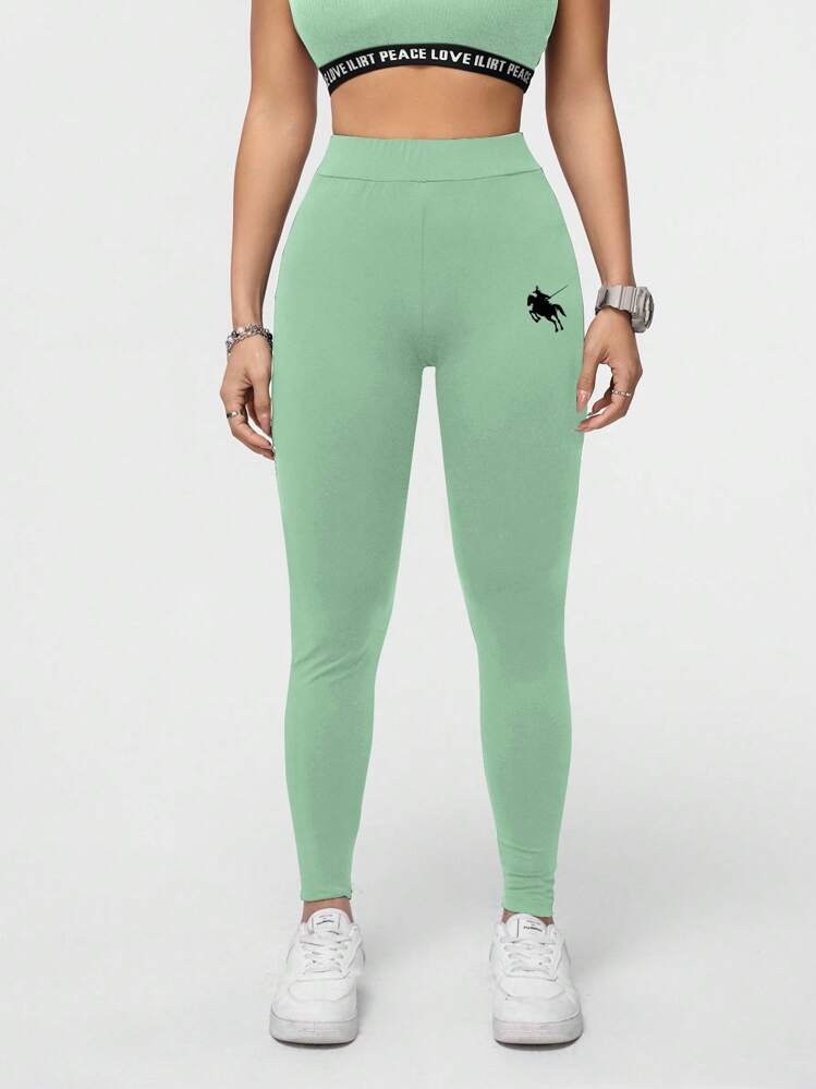 SHEIN Essnce Quần legging dài cạp cao họa tiết thể thao cưỡi ngựa và đấu kiếm cho nữ, thích hợp cho mùa thu/đông - màu xanh lá - Xem 4