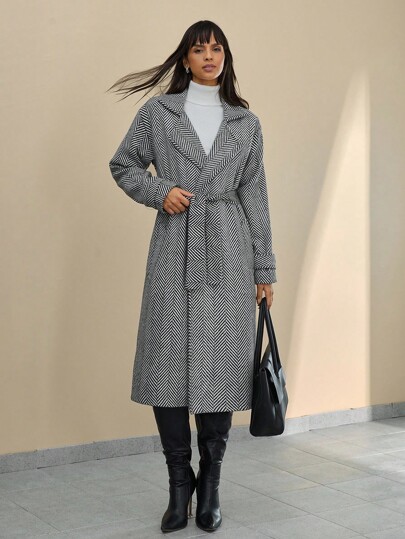 CLARA VERO Women's Herringbone Texture Fabric, Belted Overcoats Long Coat For Women Winter Coat Women Herringbone Coat Women's Outerwear