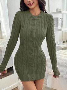EURMUSE Robe pull moulante en tricot torsadé avec col en fourrure de Noël - Militaire verte - Voir 1