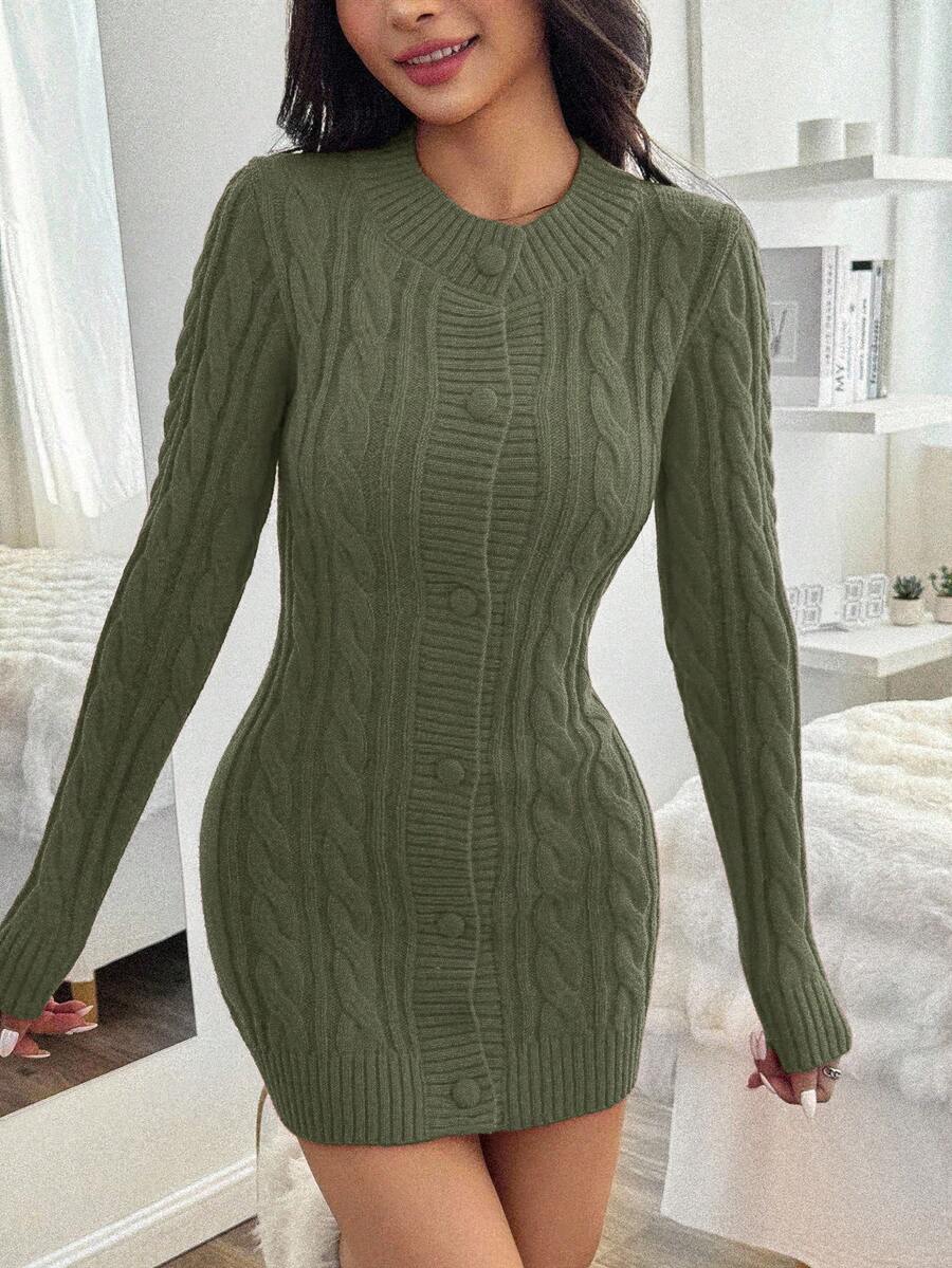 EURMUSE Robe pull moulante en tricot torsadé avec col en fourrure de Noël - Militaire verte - Voir 1