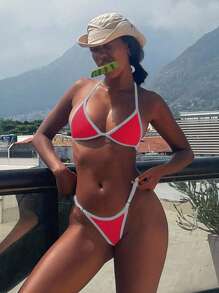 Bonvoyette 女士夏季沙滩吊带性感比基尼泳装套装 - 紅白色 - 查看 1