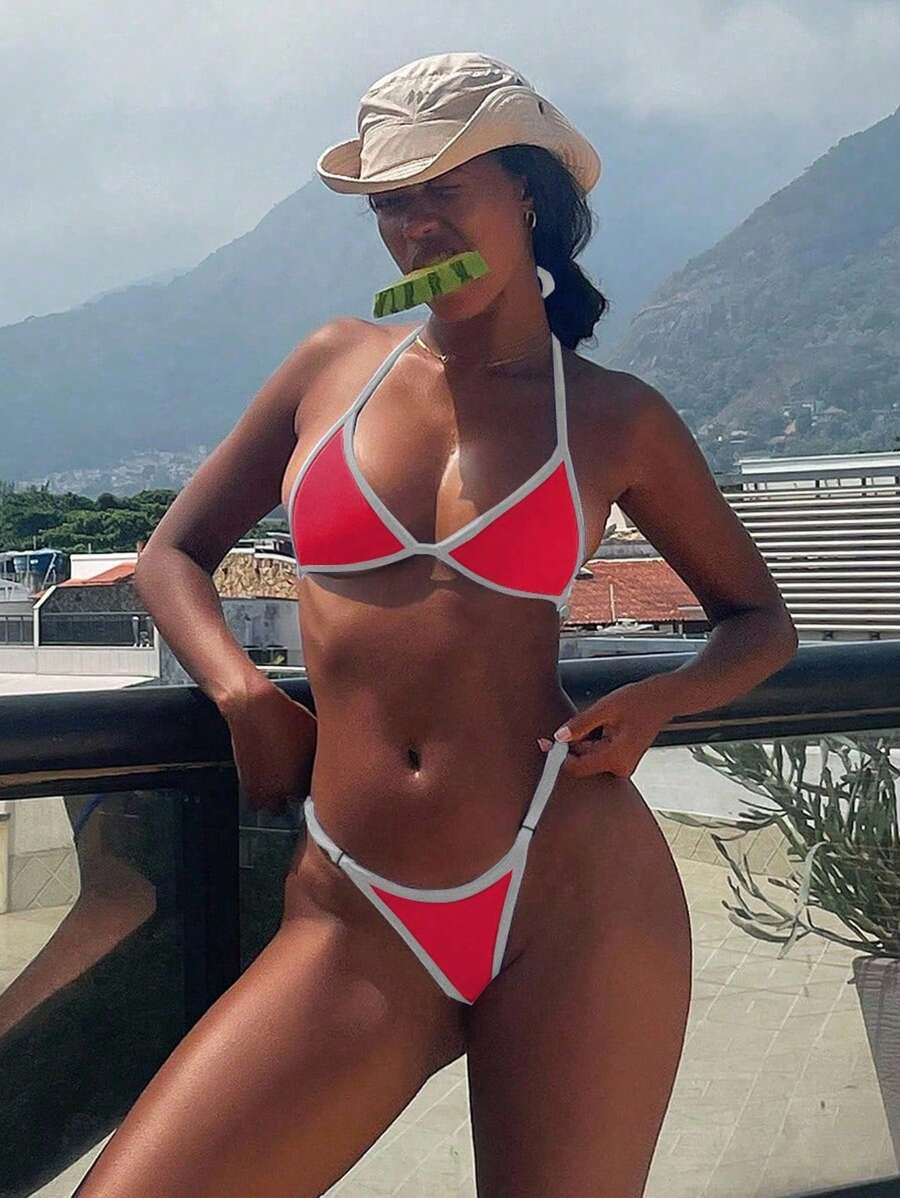 Bonvoyette 女士夏季沙滩吊带性感比基尼泳装套装 - 紅白色 - 查看 1