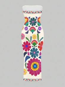 SHEIN SXY 波西米亚风格休闲花卉复古印花女士紧身连衣裙，适合夏季度假 - 彩色 - 查看 2