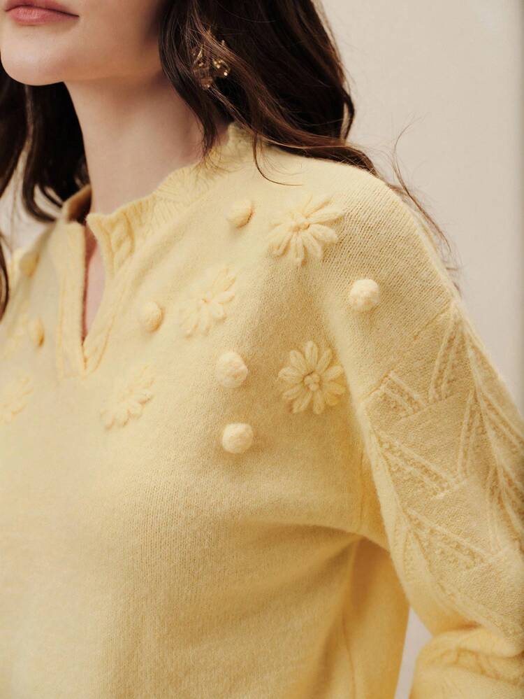 Women's Embroidered Floral Yellow Sweater With Scissor Collar, Fashionable Loose Knit Pullover Top For Spring, Elegant Women's Top