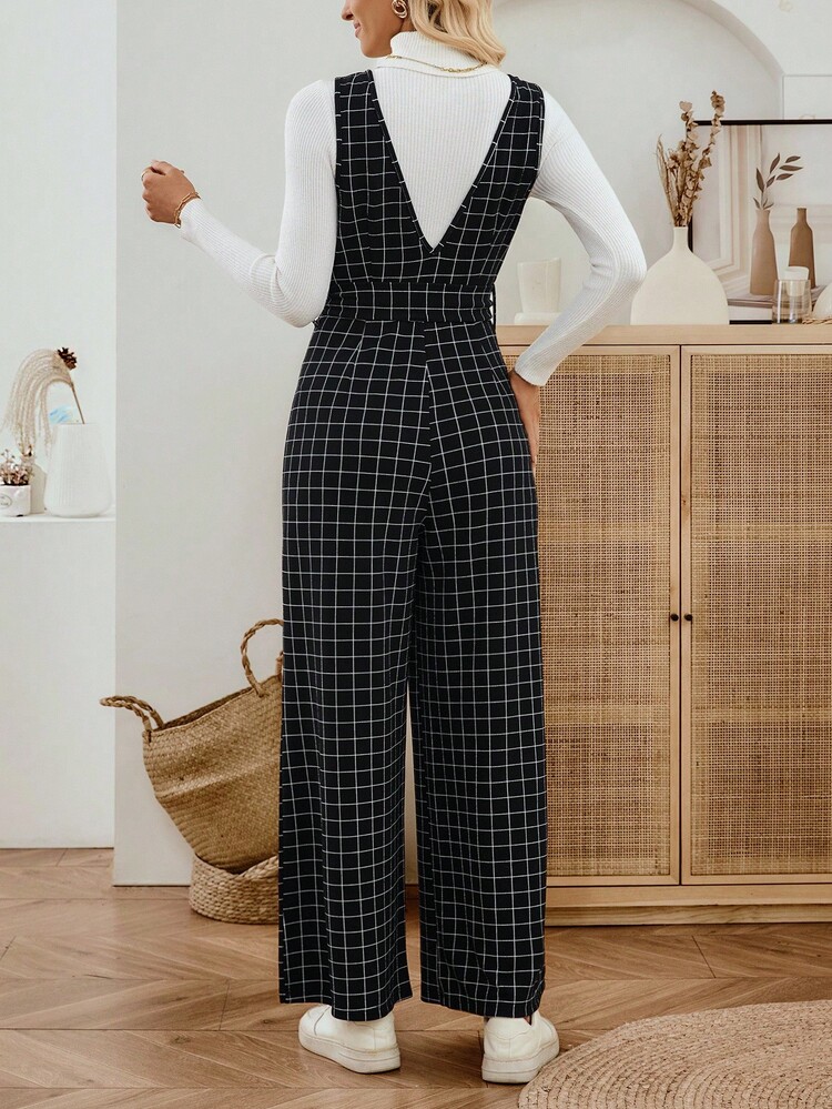 EMERY ROSE 女士休闲通勤格子无袖连体裤 - 黑與白 - 查看 2