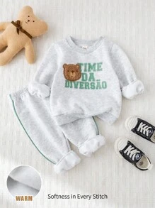 Cozy Pixies 2 件套男婴卡通熊图案针织柔软圆领长袖套头衫和松紧腰裤套装 - 彩色 - 查看 3