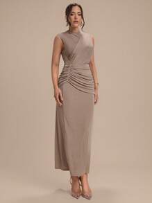 Modelyn Sleeveless High Neck Pleated Versatile Elegant Cocktail Party Dress - Khaki - View 5