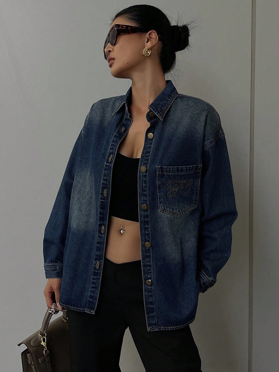Vintage Denim Shirt For Women, Loose Fit Long Sleeve Blouse Jacket With Embroidery Design, Casual Tops