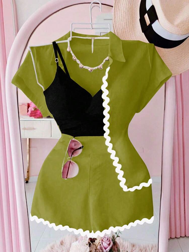 Selianne 2件套女士休闲度假拼布丝带短袖衬衫和短裤套装 - 橄欖綠 - 查看 1