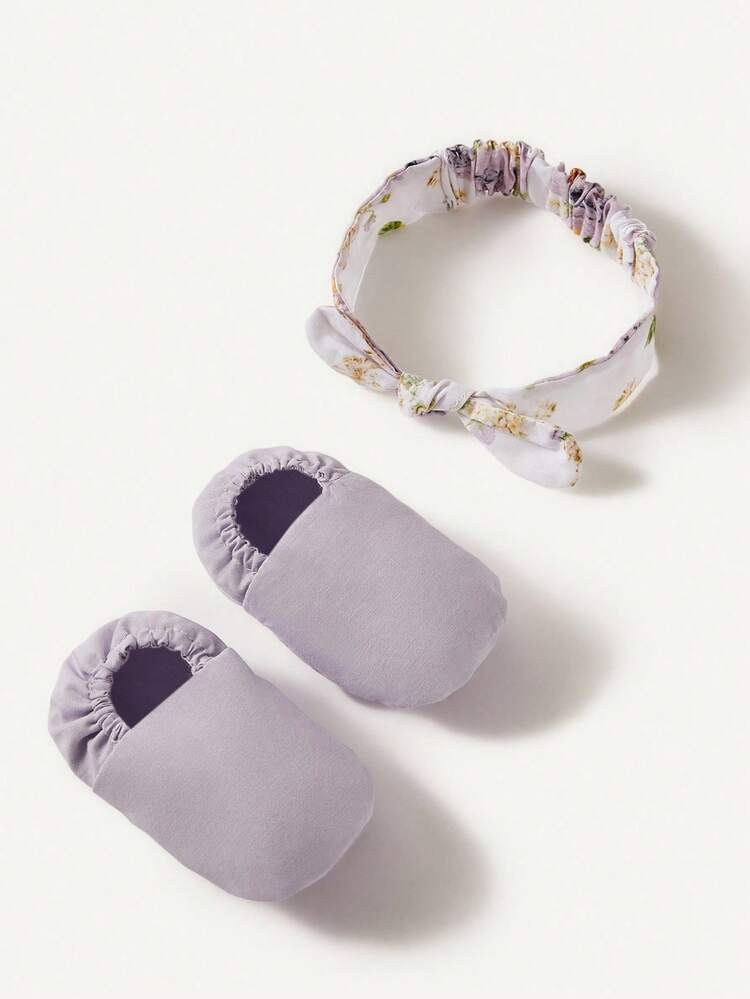 Cozy Pixies 2pcs/Set Baby Purple Bow Headband And Floral Socks Booties Set (1 Pair Booties + 1 Headband), Suitable For Newborns, Can Be Used As Gift Set - Multicolor - View 5