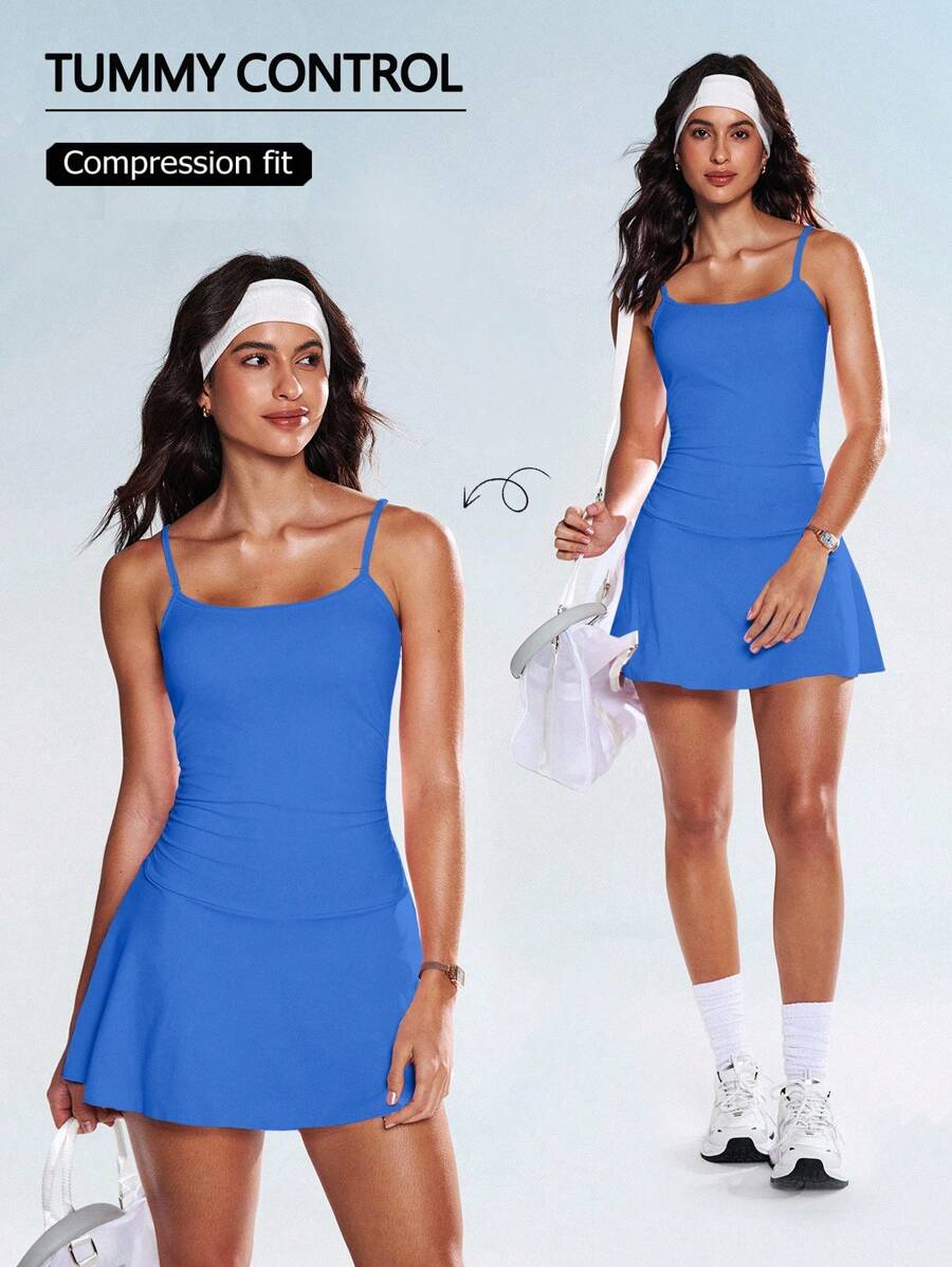 Gameset SHEIN Sport 女士时尚优雅细肩带腰部褶饰修身自然喇叭形休闲迷你连衣裙，适合搭配紧身裤