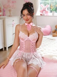 SHEIN Bộ đồ lót ren lưới màu hồng dễ thương và gợi cảm dành cho nữ 5 món, bao gồm vòng cổ nơ, đồ lót Kawaii, đồ lót dễ thương, đồ lót babydoll, đồ lót nơ, đi chơi - Hồng - Xem 4