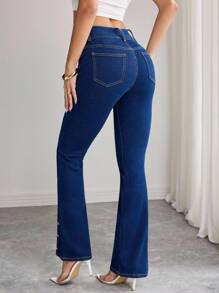 Elenzga Quần ống loe denim cài nút dành cho nữ - Rửa tối - Xem 2