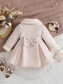 Souflis Souflis Baby Girls' 3D Bow Floral Mesh Furry Collar A-Line Long Sleeve Woolen Coat. Decorated With 3D Bow And Floral Mesh, Elegant And Refined. Paired With Furry Collar And Classic A-Line Long Sleeve Silhouette, Fashionable And Generous. Whether To Play Or Attending Family Gatherings, The Baby Can Be The Most Shining Presence. Fall Winter - Apricot - View 2