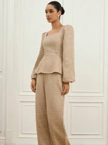 Aveloria Rosie Elegant Wool Blend Puff Sleeve Crop Top And Classic Pants 2 Pieces Set For Women Fall Cloth For Women , Square Neck Top