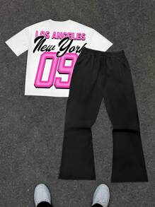 Manfinity Hypemode 2 件男士休闲字母图案圆领短袖 T 恤和裤子套装，夏季街头风格 T 恤和运动裤套装男士 2 件裤子套装 - 彩色 - 查看 2