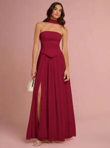 Enchnt Women's Solid Color Minimalist Casual Split Hem Dress,Wedding Guest Dress - Burgundy - View 4
