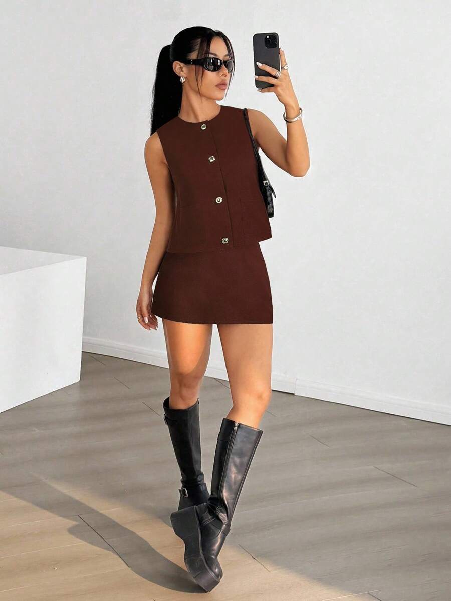 SHEIN EZwear 女士咖啡棕色单排扣背心和裙子休闲两件套 - 咖啡棕 - 查看 1
