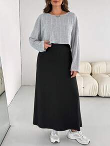 SHEIN Essnce 大码女装秋冬时尚休闲宽松舒适日常基础百搭灰色拉绒面料长袖上衣和黑色长背心连衣裙两件套，秋季服装，机场服装，简约风格 - 灰色 - 查看 3