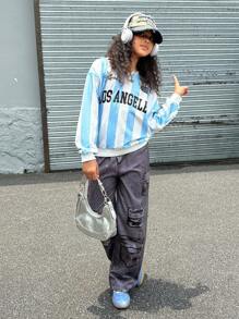 SHEIN Explorewe Streecool 儿童休闲校园风格青少年女孩秋冬舒适时尚运动别致字母和数字印花 V 领棒球夹克和宽松图案印花阔腿裤 2 件套