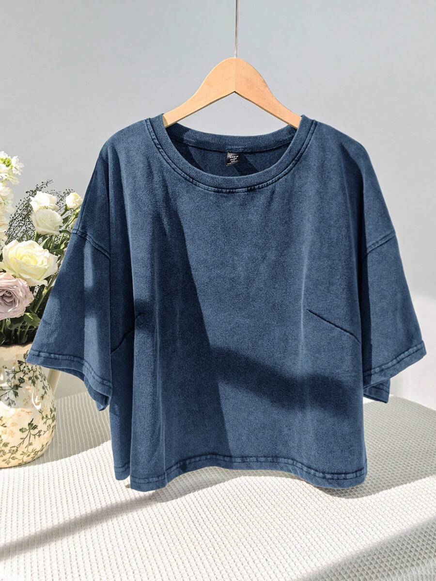 SHEIN EZwear Plus Size Washed Cotton Snowflake Short Sleeve T-Shirt, Navy Blue, Spring Women Denim Tops Baggy Crop Top