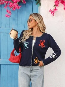 Vivid Eden Women's Navy Blue Floral 3D Decor Contrast Trim Embroidered Cardigan,Autumn Casual Vacation Holiday Crop Long Sleeve Colorblock Cardigan - Navy Blue - View 2
