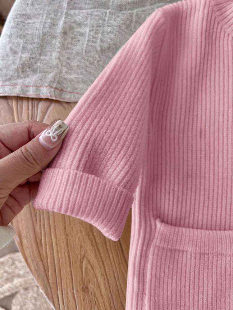 SHEIN LMoss Kids LMoss Baby Girl Cute Minimalist Beige Long Sleeve Sweater Dress, Autumn/Winter Baby Girl Pink Sweater Dress Winter Baby Girl Dress Toddler Girl Pink Dress Baby Girl Long Sleeve Dress Pink Knit Baby Dress Fall - Dusty Pink - View 5