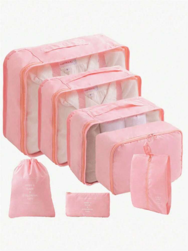 7 件优质纹理纯色旅行收纳袋字母衣物收纳袋，旅行收纳套装，收纳袋套装，行李收纳袋套装，学校用品，大学宿舍必需品，学生房间装饰品，可放置口红、刷子、护肤品、手机、硬币、小物件，适用于家庭、礼物、度假和节日万圣节圣诞节多功能用途，波西米亚风 - 彩色 - 查看 15