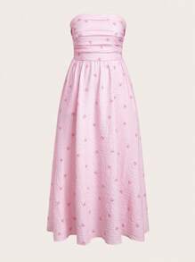 Solflare Plus Size Women Strapless Bowknot Striped Ruched Dress, Pink,Summer Outfits For Women - Pink - View 7