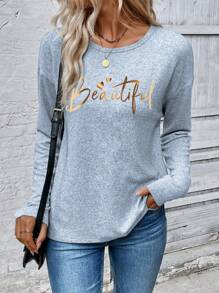 EMERY ROSE Women's Letter Print Round Neck Drop Shoulder Long Sleeve Casual Loose T-Shirt, Christmas