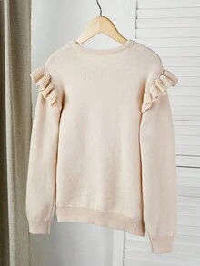 SHEIN كنزة صوفية للبنات المراهقات بتصميم زهور ثلاثية الأبعاد جديدة مع ديكور رقيق وتفاصيل رقعة وحافة مكشكشة، مناسبة للخروجات والحفلات والعودة إلى المدرسة - بيج - مشاهدة 2