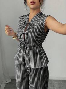 Elenzga 女款休闲度假蓝白条纹前系带设计无袖衬衫+女款休闲度假蓝白条纹松紧腰裤 - 黑色 - 查看 6