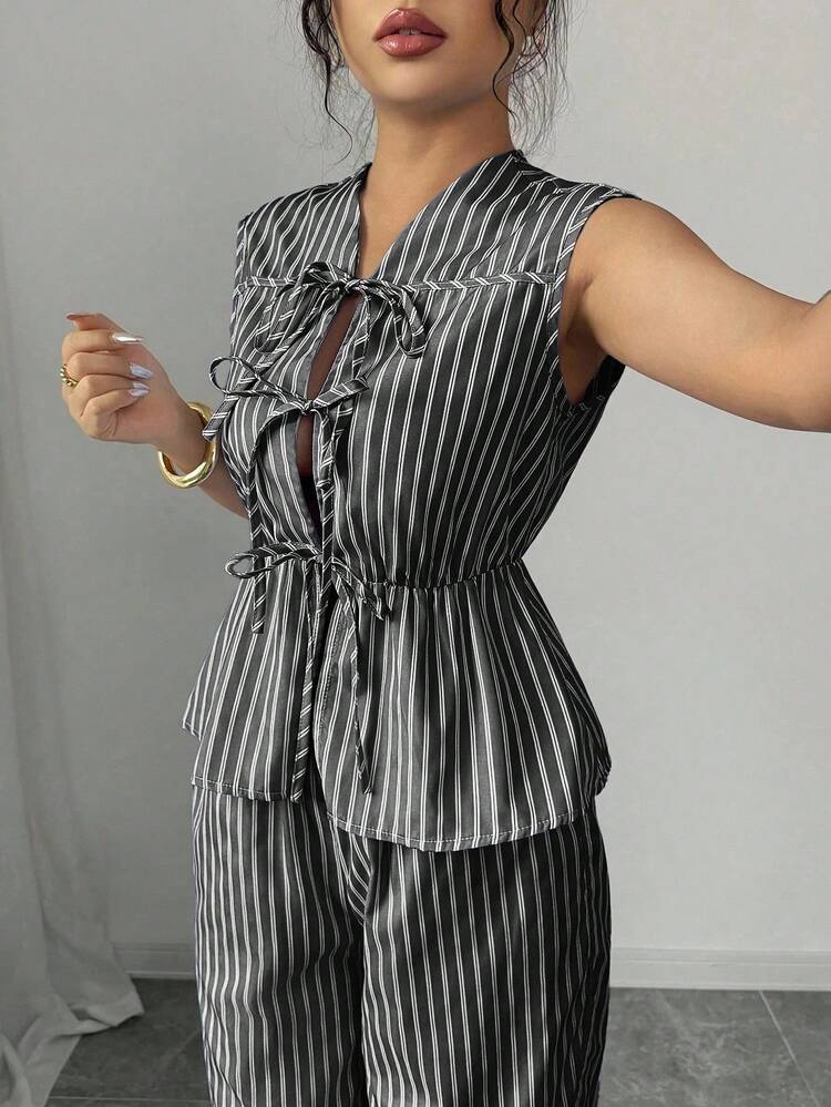 Elenzga Damskjorta med blå- och vitrandig ärmlös skjorta och knytmönster framtill för casual semester + dambyxor med blå- och vitrandig resårmidja för casual semester - Svart - Visa 6