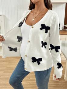 SHEIN Pregnant Women's Contrast Color Bow Jacquard Raglan Sleeve Casual Cardigan