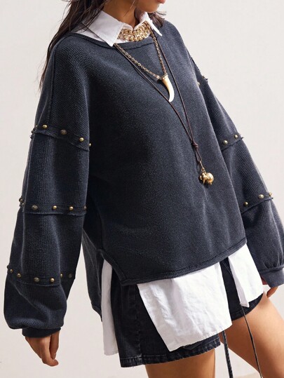 Bohemela Autumn/Winter BOHO Casual Solid Color Knit Long Sleeve Loose Washed Women Sweatshirt