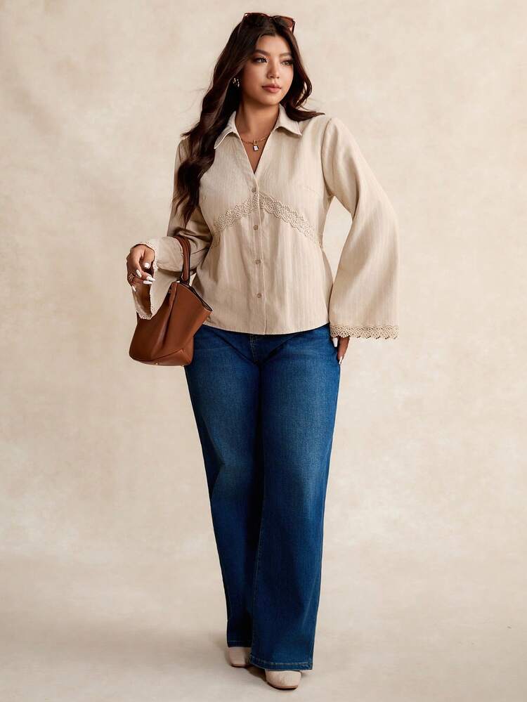 Elaquor Plus Size Women's Fashionable Elegant Lace Patchwork Button Down Long Sleeve Shirt Clothes For Women Spring - Apricot - View 3