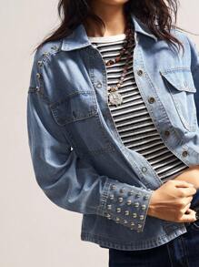 Bohemela BOHO Western Cowgirl Country Vacation Casual Solid Color Rivet Woven Denim Jacket - Baby Blue - View 5