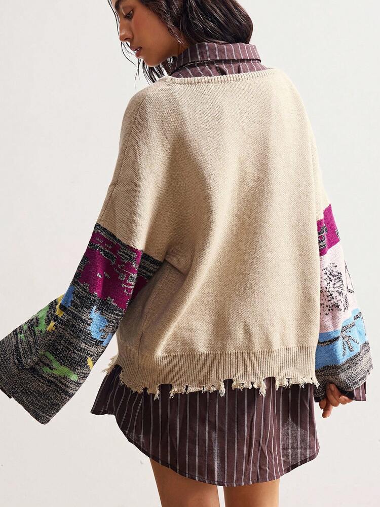 Bohemela Áo len dài tay cổ tròn in họa tiết chắp vá dành cho nữ - Màu be - Xem 7