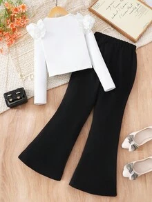 SHEIN Girls' Elegant Casual Outfit, White Knit Top Paired With Black Flared Pants, Shoulder Ruffle Trim, Beaded Leg Cuffs, Suitable For Spring/Autumn Daily Wear Fall Winter - White - View 2