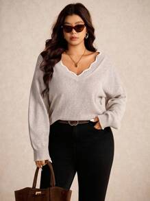 Elaquor Femmes grande taille Chandail ample minimaliste polyvalent avec bretelles au dos, couleur unie, pull ample, vêtements d'automne/hiver pour femmes