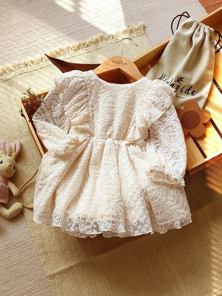 Vintaside Kids Vestido holgado de manga larga de malla dulce para niñas bebé, color albaricoque, adecuado para salidas, fiestas y reuniones, primavera/otoño - Albaricoque - Ver 1
