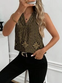 Glamance BiGraphic Women's Contrast Color Print V-Neck Sleeveless Blouse - Black and Gold - View 3