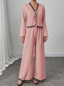 Firerie 女士米色法式灯笼袖荷叶边蝴蝶结衬衫和松紧腰裤套装，长袖长裤套装，休闲度假装 - 藕粉色 - 查看 7