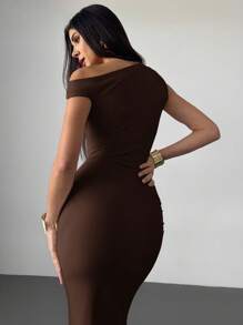 Firerie Women's Elegant Minimalist Sexy Fashionable Outdoor, Vacation, Music Festival Ruched Asymmetric Shoulder Tight Dress, Apricot Color Formal Dresses For Wedding Guest,Wedding Guest Dress,Prom Dress