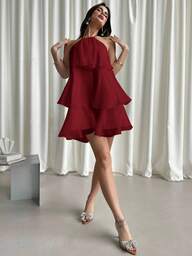 Firerie Elegant Romantic Date Backless Layered Hem White Organza Halter Neck Puff Dress, Formal Gown,Party Dresses For Women