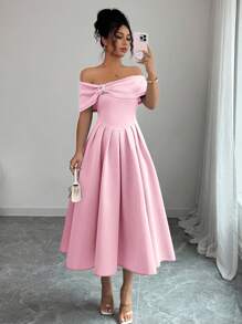 Selianne Đầm midi xòe tay ngắn hở vai đính đá thời trang dành cho nữ - Hồng - Xem 5